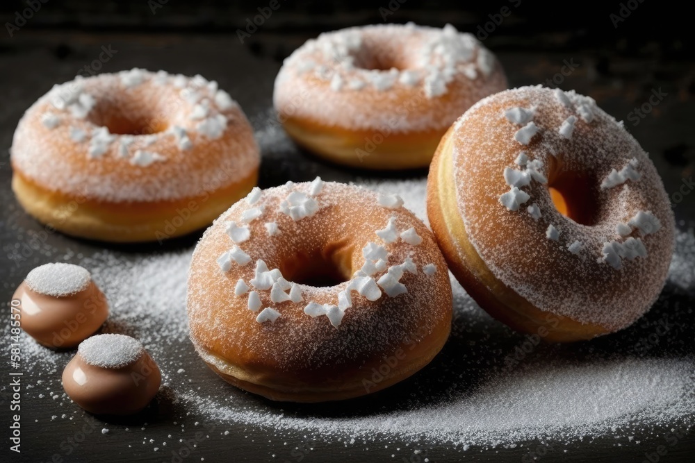 Served with granulated sugar are doughnuts. Generative AI