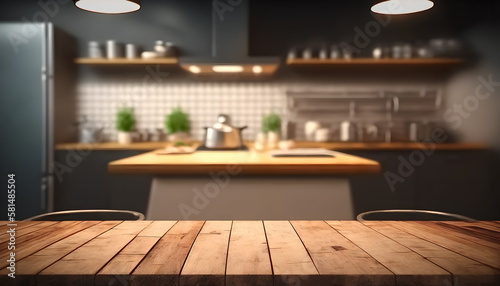 Empty Natural Wood Trunk of Table  Desk on Blur Kitchen with Equipment Background