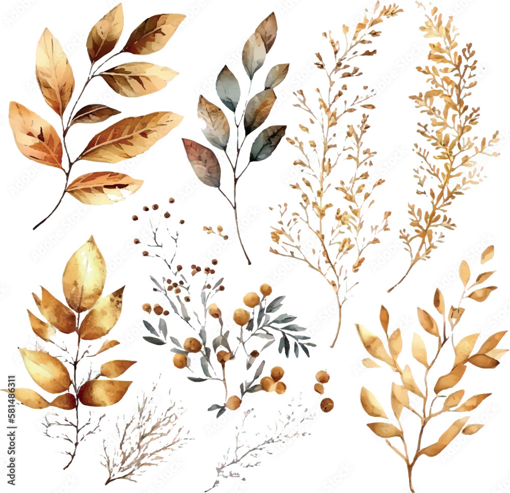 Vector Watercolor set of branches with golden leaves, for wedding invitations, greetings, wallpapers, fashion, prints.