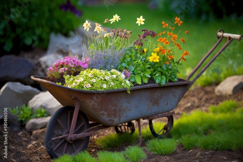 Fototapet garden equipment old iron wheelbarrow with earth and flowers, created with gener