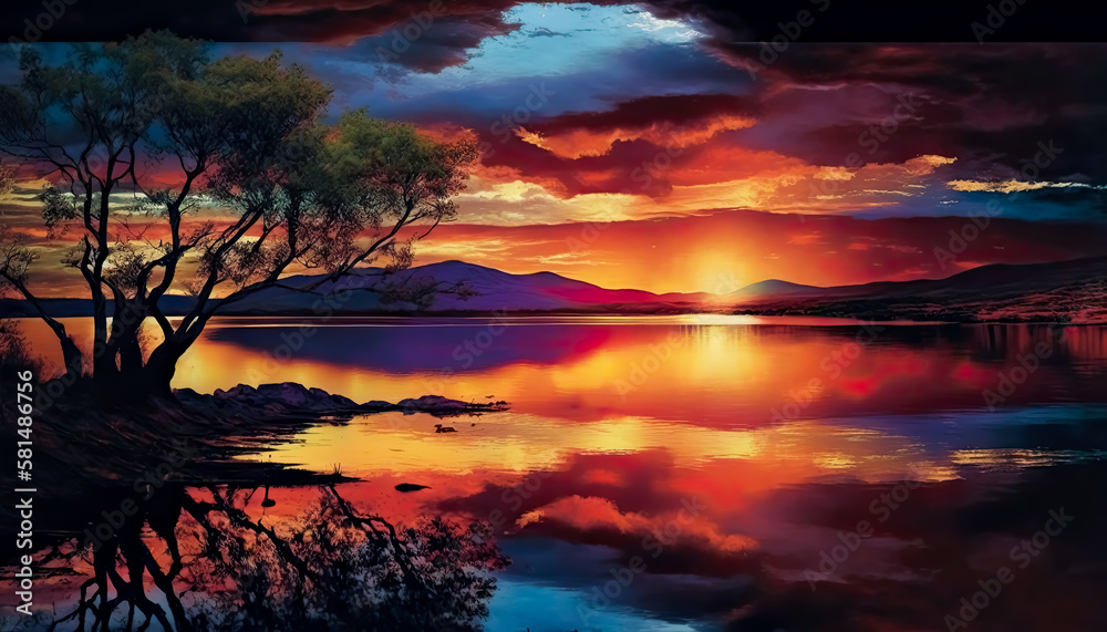 Sunset over a body of water - Generative Ai - Sunset, Water, Reflection, Sky, Clouds, Horizon, Orange, Yellow, Red, Purple, Nature, Scenery, Landscape, Serene, Peaceful, Tranquil, Calm, Beauty.
