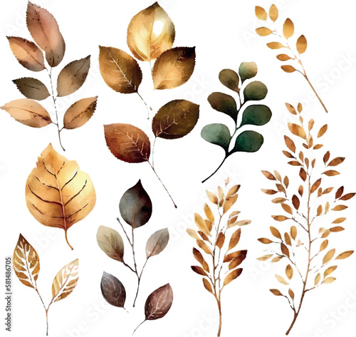 Vector Watercolor set of branches with golden leaves, for wedding invitations, greetings, wallpapers, fashion, prints.