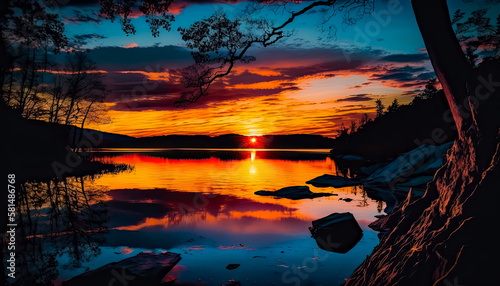 Sunset over a body of water - Generative Ai - Sunset, Water, Reflection, Sky, Clouds, Horizon, Orange, Yellow, Red, Purple, Nature, Scenery, Landscape, Serene, Peaceful, Tranquil, Calm, Beauty.  © Saulo Collado