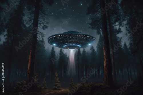 A flying saucer flies in the forest at night. AI generative.