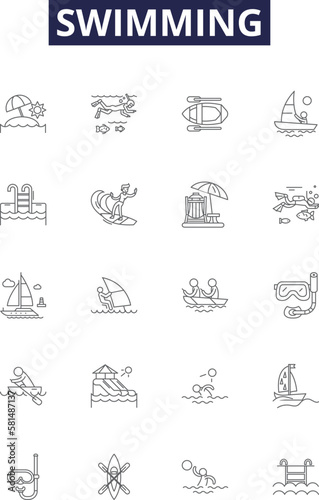 Swimming line vector icons and signs. Swim, Stroke, Recreational, Competitive, Training, Lap, Olympics, Marathon outline vector illustration set