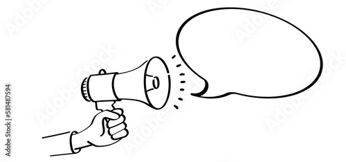 Cartoon megaphone, microphone to speak message symbol or logo. loudspeaker, microfoon line pictogram. Horn, announcing for atention talk. Megaphone amplifier. Drawing talking news or for protest. 