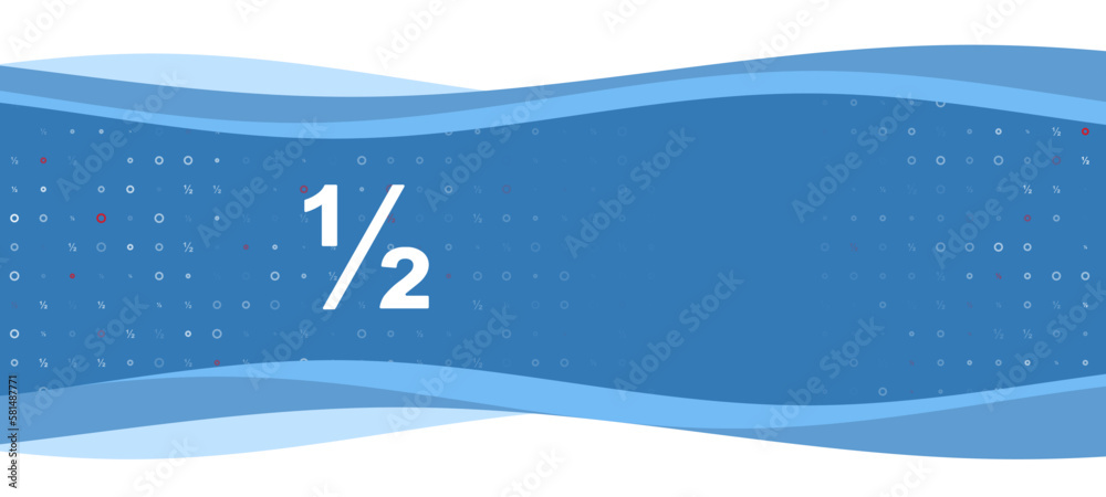 Blue wavy banner with a white half fraction symbol on the left. On the background there are small white shapes, some are highlighted in red. There is an empty space for text on the right side Blue wavy banner with a white half fraction symbol on the left. On the background there are small white shapes, some are highlighted in red. There is an empty space for text on the right side