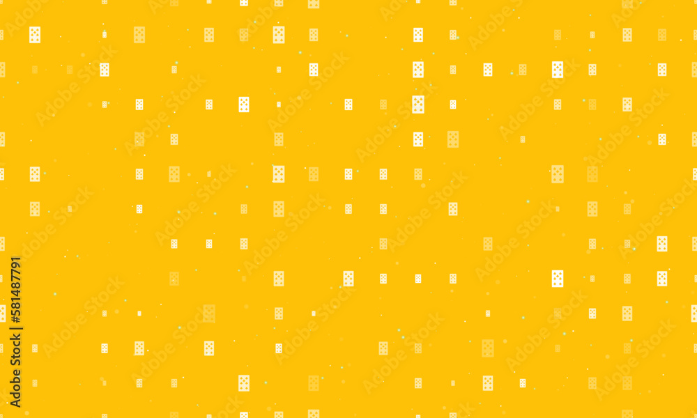 Seamless background pattern of evenly spaced white seven of clubs playing cards of different sizes and opacity. Vector illustration on amber background with stars