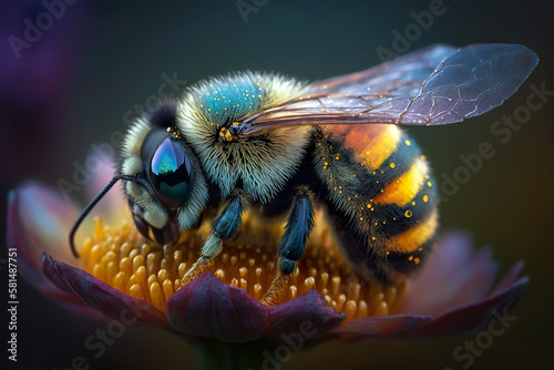 A bee on a flower on a dewy morning. The bee pollinates the flowers. AI generated illustration.