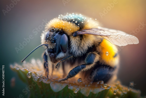 A bee on a flower on a dewy morning. The bee pollinates the flowers. AI generated illustration.