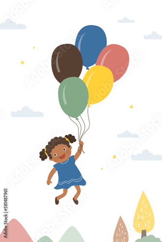 African american girl flies on inflatable balloons through the sky. Invitation card  greeting poster  template. Happy child travels. Adventure  upward movement  development.