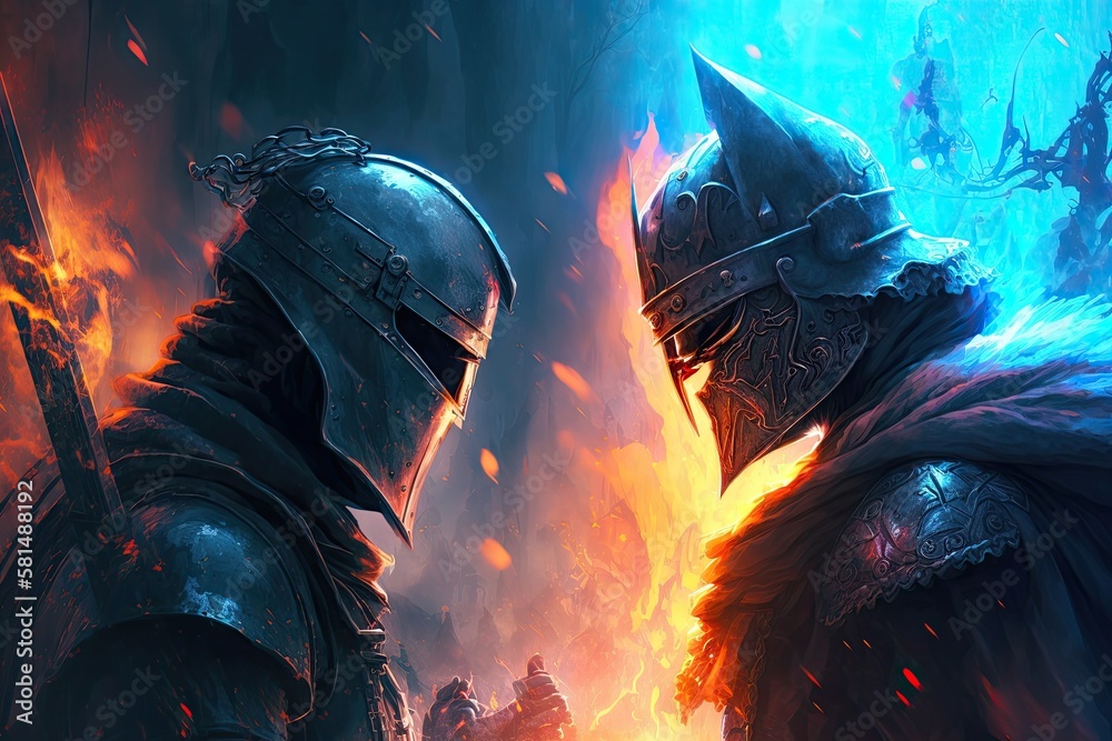 fantasy conflict between the good and evil knights in medieval times. Battlefield is aflame as deadly ice and light clash. illustration. Generative AI - obrazy, fototapety, plakaty 