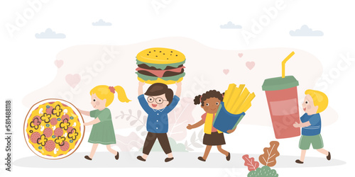 Group of hungry children carrying various junk food. Multiethnic kids characters holds different fast food. Hamburger, french fries, pizza and soda in cup.