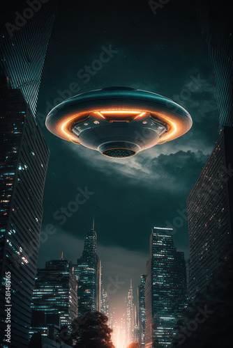 Flying saucer flies over the city at night  vertical illustration. AI generative.