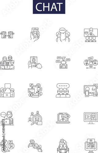 Chat line vector icons and signs. Chatting, Conversation, Messaging, Texting, Discourse, Dialogue, Interlocution, Vocalization outline vector illustration set photo