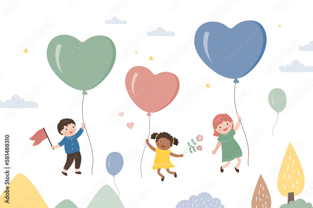Group of funny kids flies on inflatable heart balloons through sky. Invitation poster, template. Happy children travels. Adventure, upward movement, development. Valentine day, greeting card.
