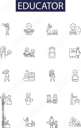 Educator line vector icons and signs. Coach, Leader, Mentor, Facilitator, Instructor, Tutor, Lecturer, Guide outline vector illustration set