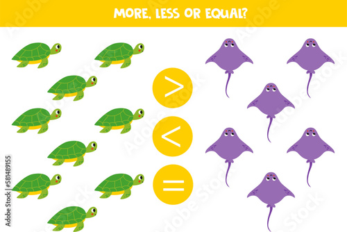 More, less or equal with cartoon cute stingray and turtle.