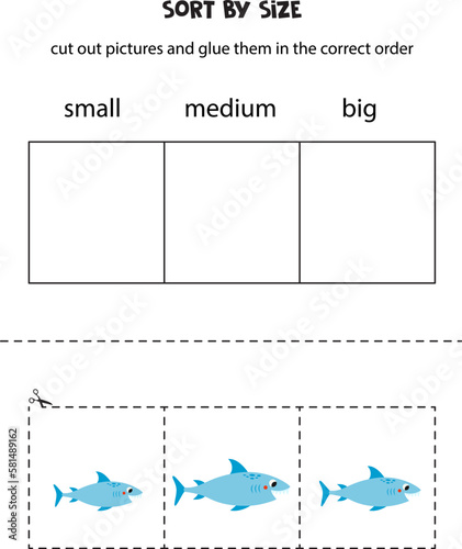 Sort cute blue shark by size. Educational worksheet for kids.