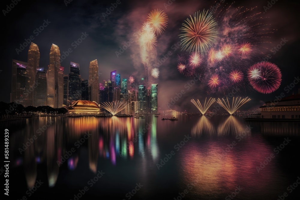 Singapore waterfront fireworks. Generative AI