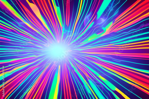 Rendering 3D abstract background with cute colorful bright neon rays and glowing lines