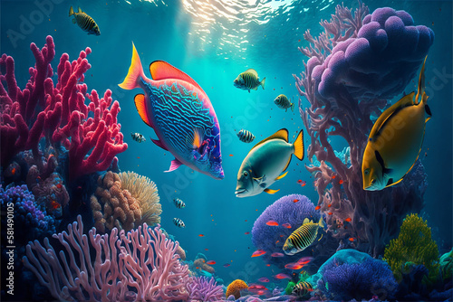Underwater Scene With Coral Reef And Tropical Fishes Illustration, Generative AI © GloriaSanchez