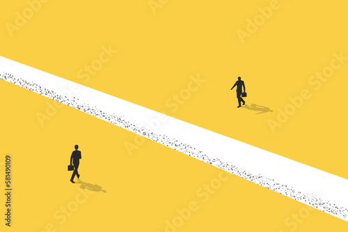 Business dispute or disagreement vector concept with two businessman walking away from each other. Symbol of miscommunication, conflict, argument. Eps10 illustration