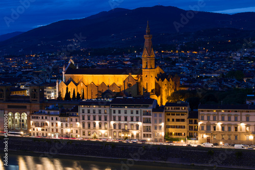 Basilica di Santa Croce (Church of the Holy Cross) in the night scenery. Florence, Italy