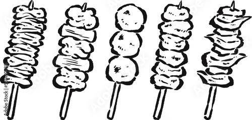焼き鳥5本セット　皮・ねぎま・つくね・胸肉・軟骨　筆タッチ　単色線画のみ　ベクター