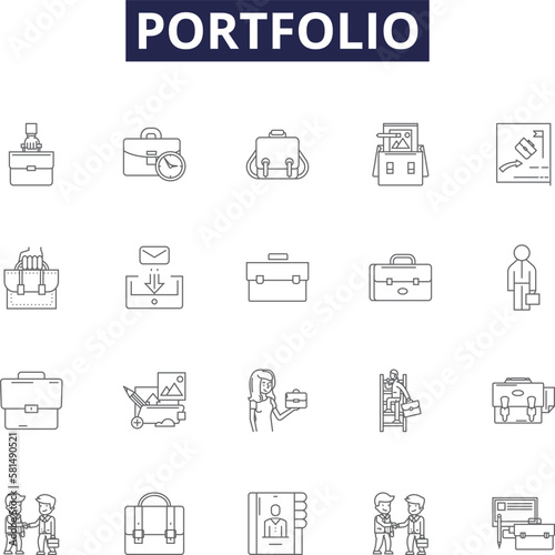 Portfolio line vector icons and signs. Investment, Assets, Funds, Stocks, Bonds, Securities, Mutual, Holdings outline vector illustration set