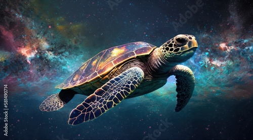 Sea turtle flying in space