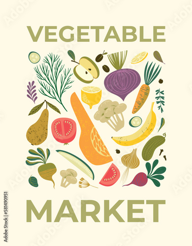 Vector illustration of fruits and vegetables. Healthy food. Design for poster, csrd, flyer, cover and other.
