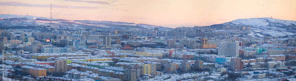 Evening panorama of the winter modern city. Murmansk