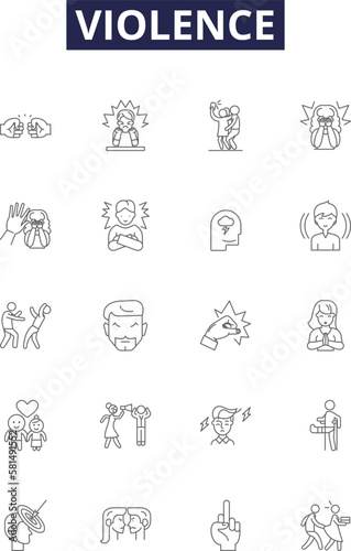 Violence line vector icons and signs. Abuse, Attack, Brutality, Hostility, Conflict, Carnage, Fury, Assault outline vector illustration set