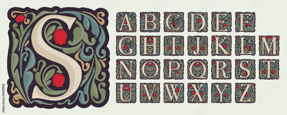 Illuminated initial Alphabet with curve leaf ornament and tulips. Medieval dim colored fancy drop cap logos.