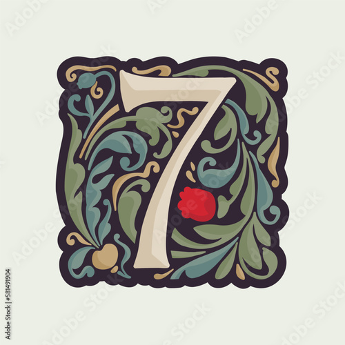 Number seven illuminated initial with curve leaf ornament and tulips. Medieval dim colored fancy drop cap logo.