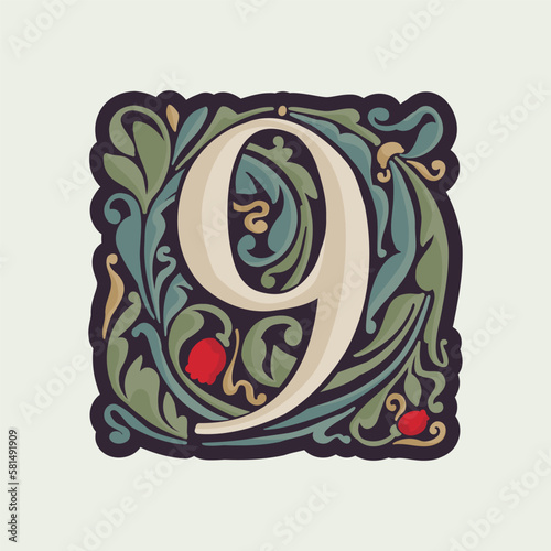 Number nine illuminated initial with curve leaf ornament and tulips. Medieval dim colored fancy drop cap logo.