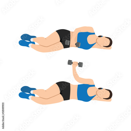 Woman doing laying dumbbell external shoulder rotation.