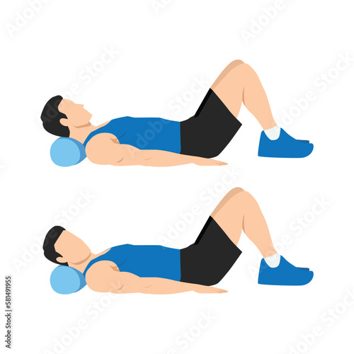 Man doing foam roller neck release exercise.