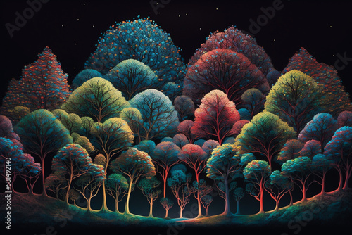 Forest filled with prismatic trees made from twisted fiber and paint brush tops, paint filled leaves to color the landscape with ease, supersurrealism art wihin nature at its most organic. photo