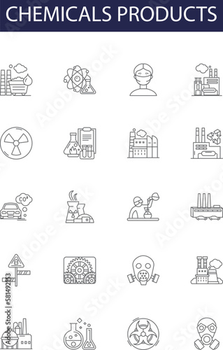 Chemicals products line vector icons and signs. products, fertilizers, pesticides, solvents, paints, detergents, fuel,gas outline vector illustration set