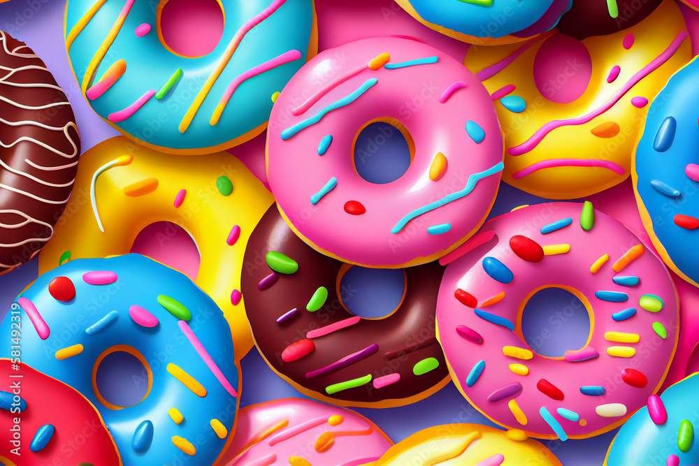 Colourful donuts or doughnuts background wallpaper top view. Colorful delicious sugar snack food.