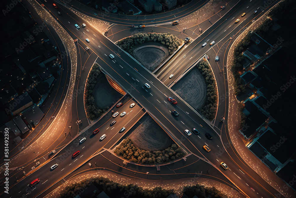 Top drone view of busy highway and intersection. Concept of transportation and travel of cars and cargo. Generative ai.