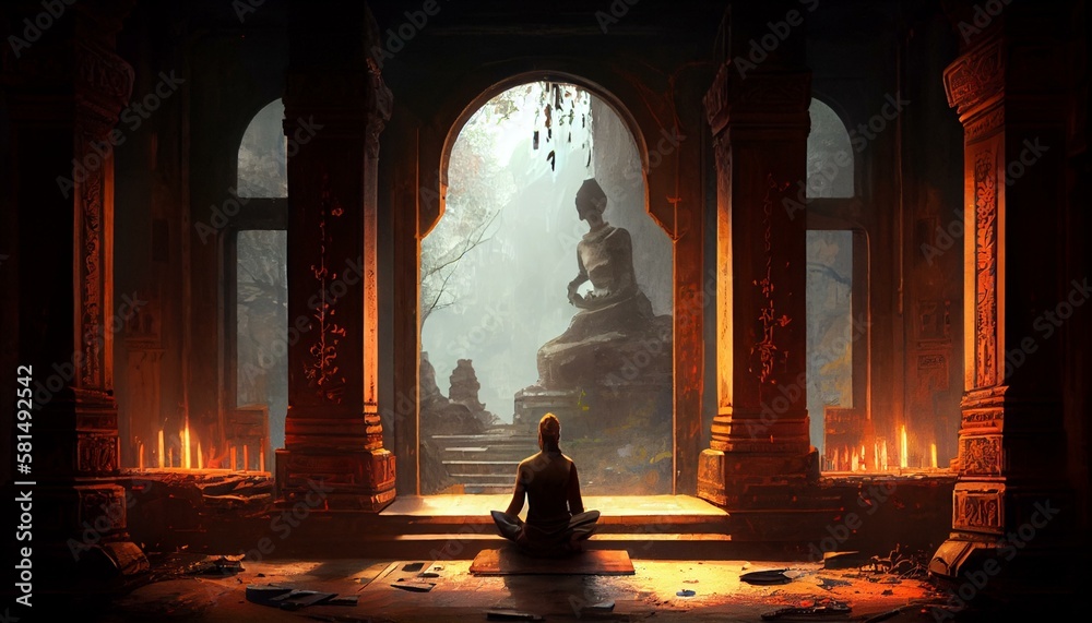 A person meditating in a temple or shrine Generative AI A person meditating in a temple or shrine Generative AI
