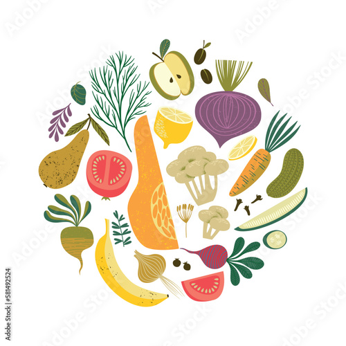 Vector illustration of fruits and vegetables. Healthy food. Isolated design