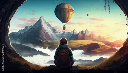 A person meditating in a hot air balloon over a scenic landscape Generative AI