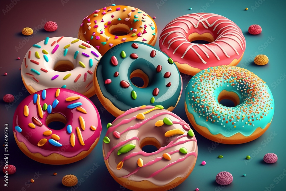 Colourful donuts or doughnuts background wallpaper top view. Colorful delicious sugar snack food.