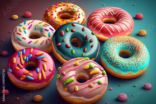 Colourful donuts or doughnuts background wallpaper top view. Colorful delicious sugar snack food.