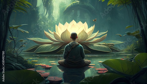 A person meditating in a peaceful garden with a lotus flower Generative AI photo