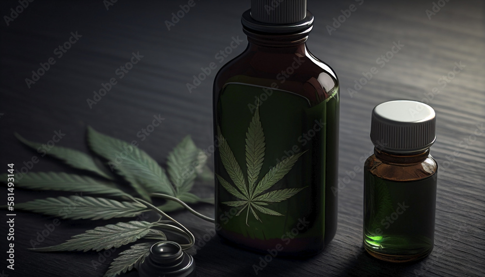Aromatic cannabis: bottled cbd and essential oils for holistic treatment. Ai generated.